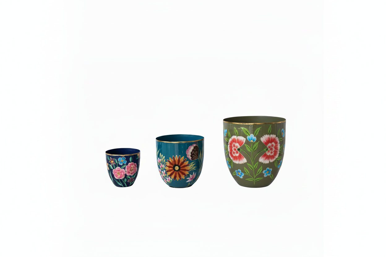 Hand-Painted Enameled Metal Planters with Flowers & Gold Rims