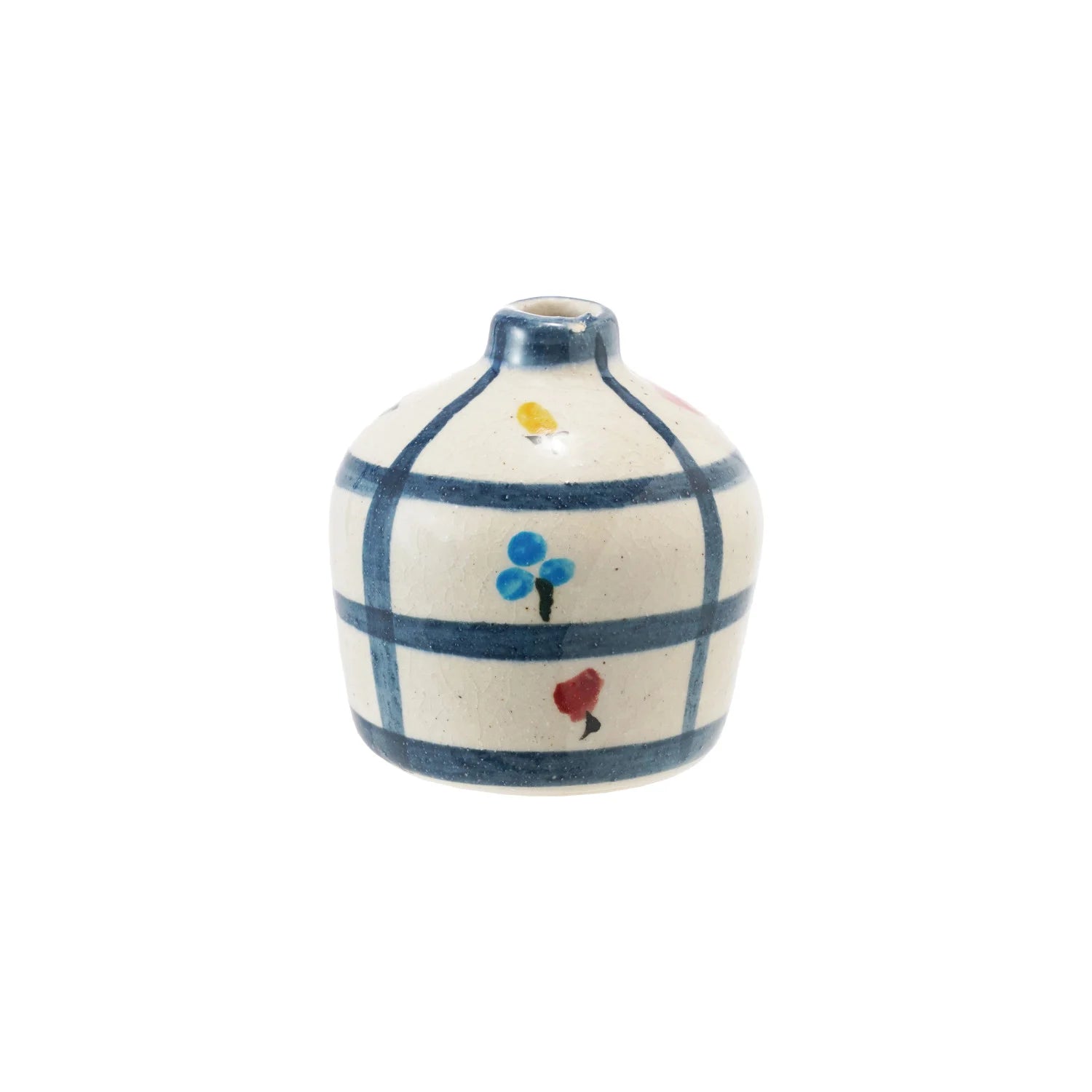 Hand-Painted Terra-cotta Vase w/ Flowers & Grid Pattern