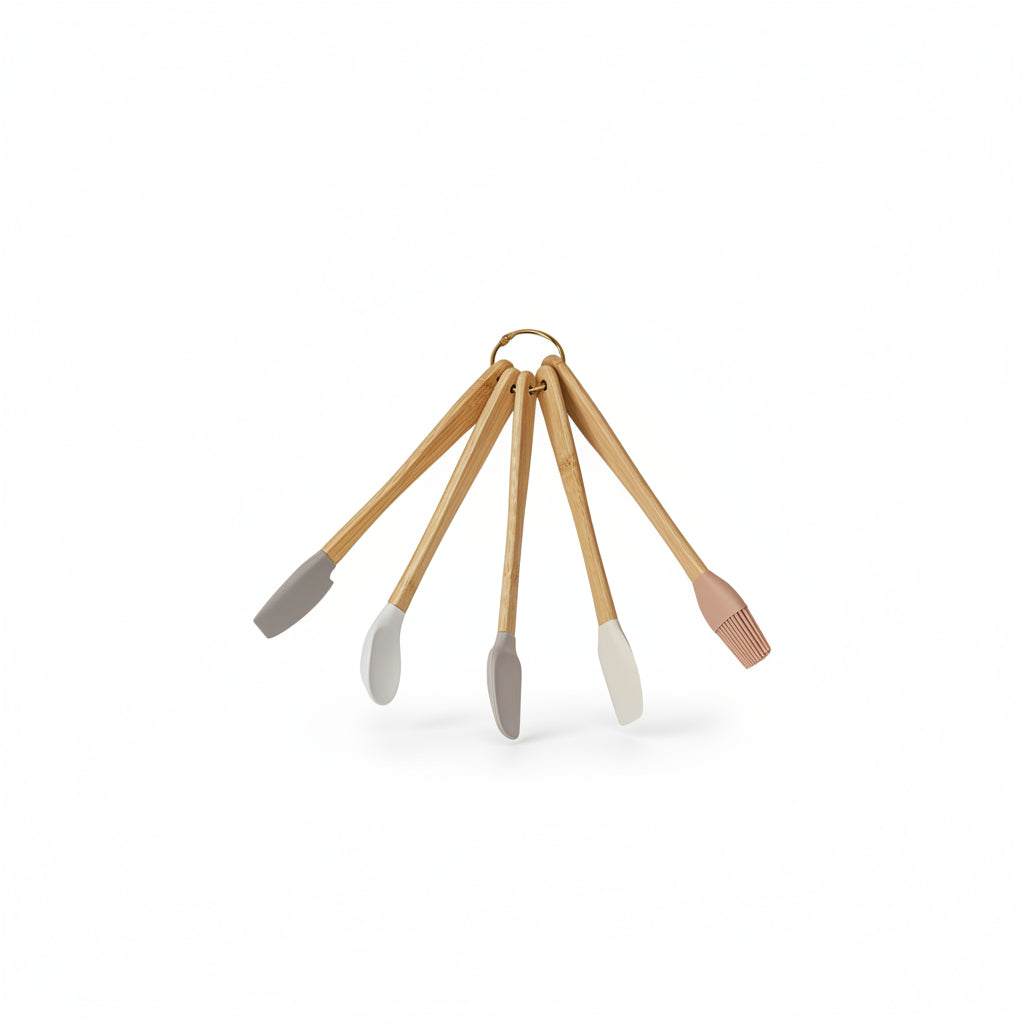 Silicone & Beech Wood Mini Kitchen Utensils Neutrals, Set of 5